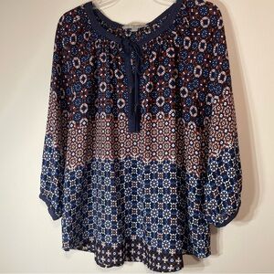 Valerie Stevens Blue and Brown Patterned Blouse~ Size Large ~ Casual